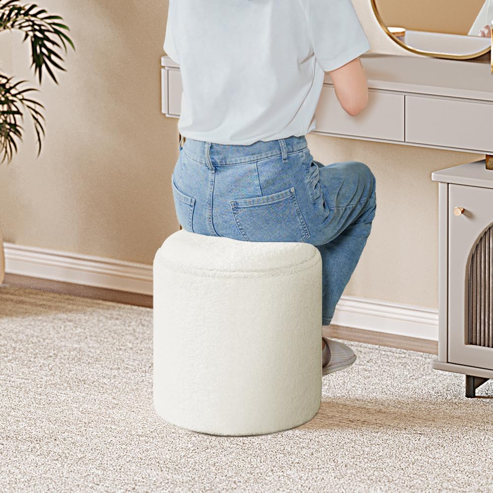 PINPLUS Round Storage Ottoman Boucle Ottoman with Tray, Teddy Velvet Footstool Ottoman Cube for Living Room, Bedroom, Dorm 13.4"x13.4"x15" (White) PINPLUS