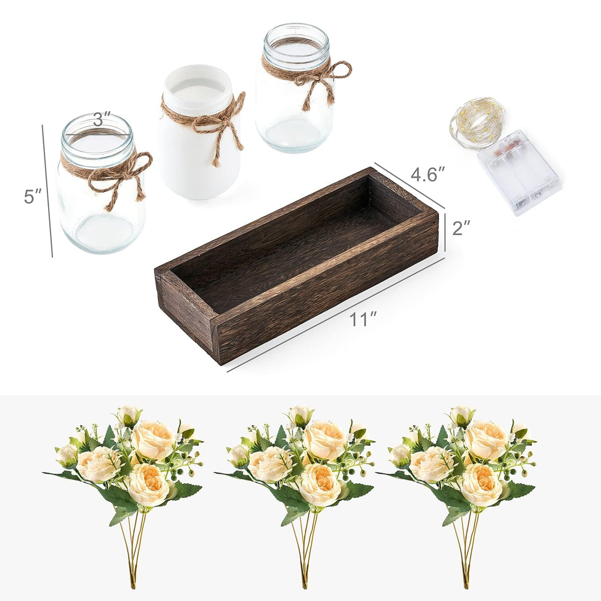 Mkono Mason Jar Lights Centerpiece Table Decor for Dining Room Farmhouse Wood Tray with 3 Jars Flowers Center Pieces Spring Decor for Kitchen Living Room Mkono