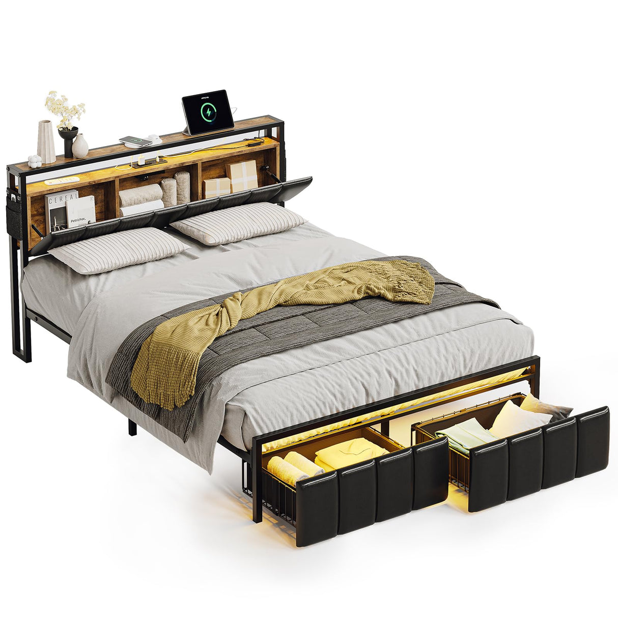 Bestier Queen Bed Frame with Hidden Storage Headboard and LED Lighting, Black PU Leather, Platform Design with Dustproof Drawers and Charging Station Bestier