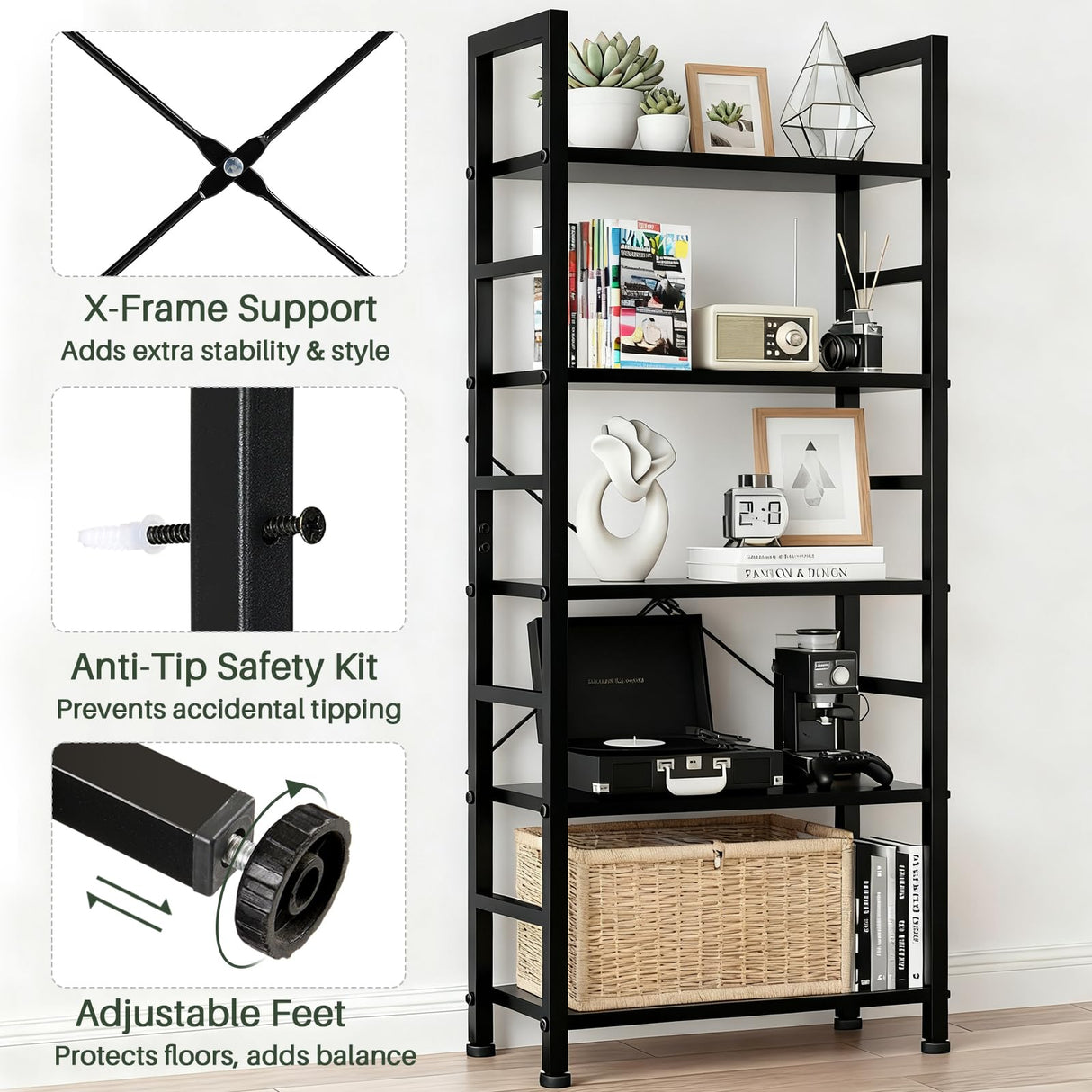 SageNest 5-Tier Bookshelf, Free Standing Wooden Bookcase with Open Storage Shelves with Metal Frame, Sturdy Shelf Organization Display Rack for Living Room, Bedroom, Home Office, 62.2" Tall, Black SageNest