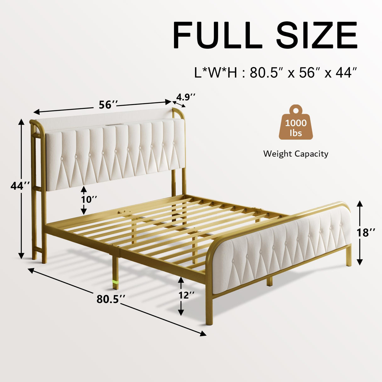 Einhomn Full Size Velvet Bed Frame with Charging Station, Platform Bed with Upholstered Storage Headboard & Footboard, 12" Underbed Space, Noise-Free, Easy Assembly, No Box Spring Needed, Beige Einhomn