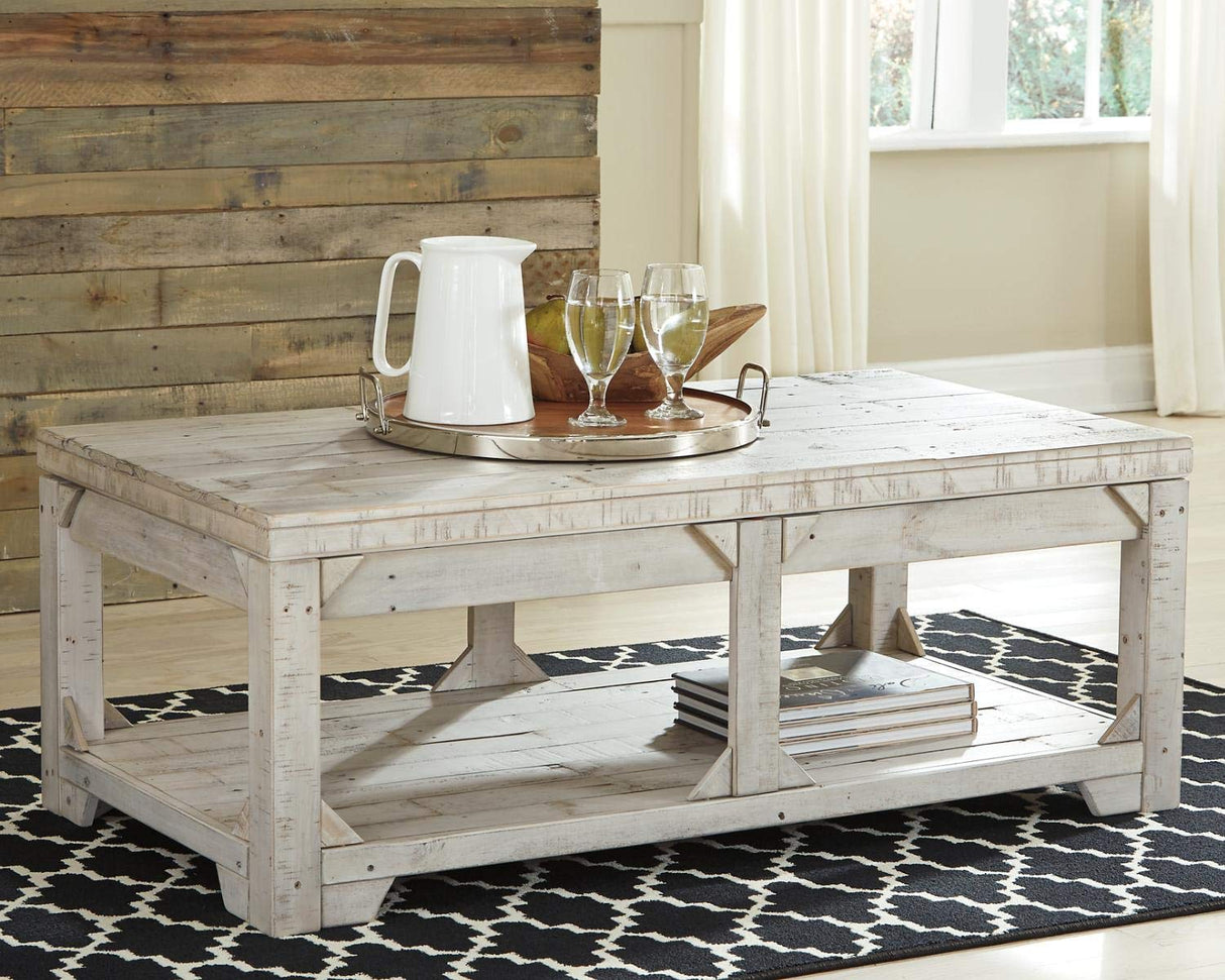 Signature Design by Ashley Fregine Farmhouse Rectangular Lift Top Coffee Table with Floor Shelf, Whitewash with Weathered Finish Signature Design by Ashley