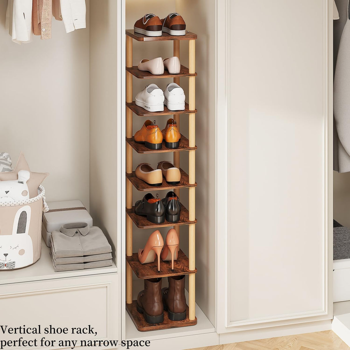 LUCKNOCK Vertical Shoe Rack, 8-Tier Tall Narrow Shoe Organizer for Entryway, Closet, Dorm & Small Spaces, Freestanding Wooden Shoe Shelf Tower for Boots, Sneakers, Heels. (Rustic Brown) LUCKNOCK