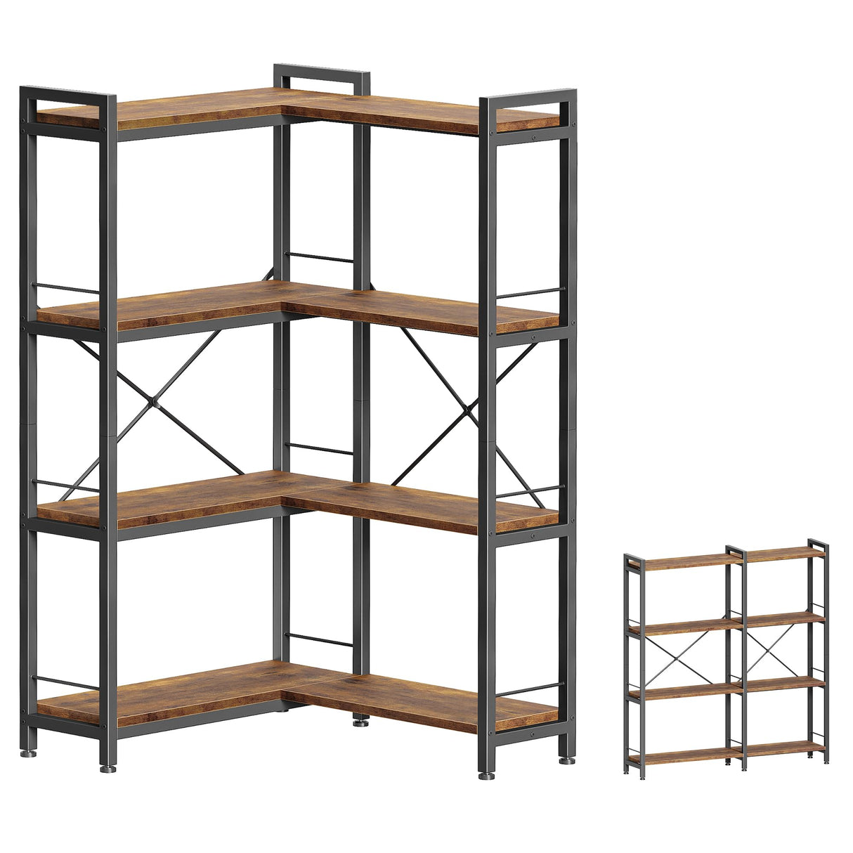 Huuger 4 Tier Bookshelf, L Shaped Corner Bookshelf with 8 Open Shelves, 49.4 Inch Straight Wide Bookcase with Metal Frame and Wooden Board, Adjustable Feet, Rustic Brown