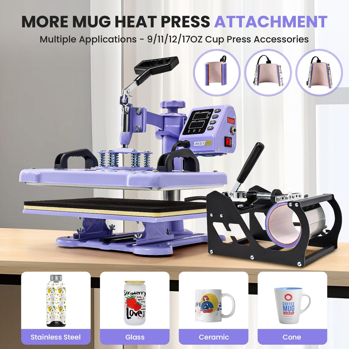 AKEYDIY Heat Press 15x12 Inch, 5 in 1 Heat Press Machine for T-Shirts Hat Cap Mug Plate, 360° Swing Away Shirt Pressing Machine, Sublimation Heat Transfer Machine with Tumbler Press Hat Press, Purple AKEYDIY