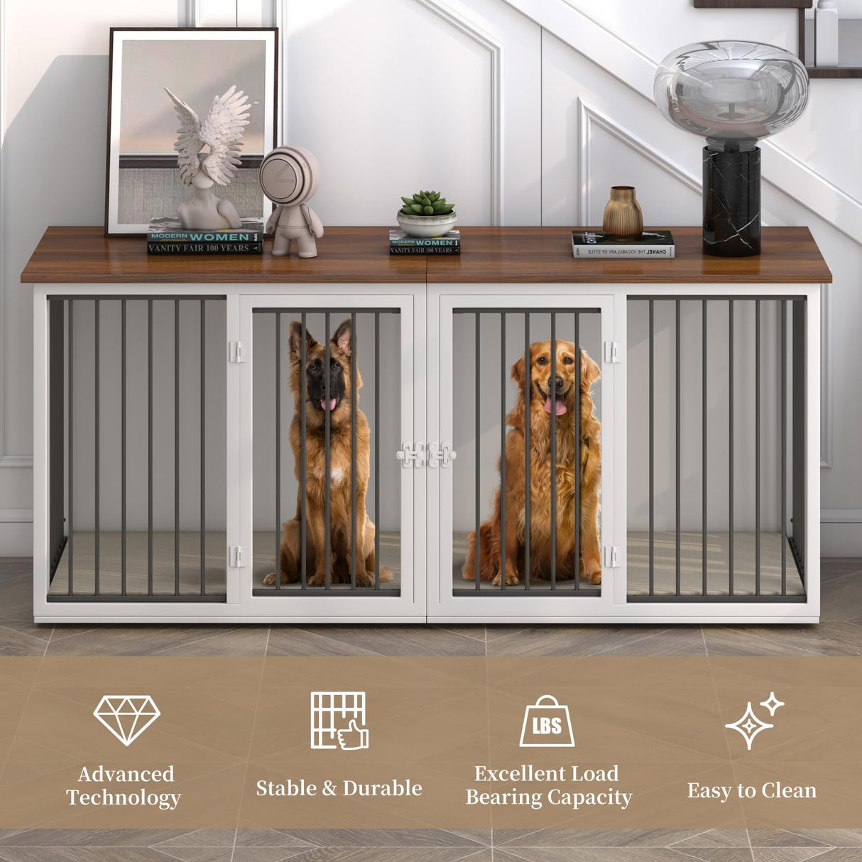 Large Dog Crate Furniture for 2 Dogs, 71.6" Pro XXL Heavy Duty Dog Kennel Furniture with Divider, Steel Frame Indoor Double Dog Crate for Large Medium Small Dogs, Warm White Neoriver