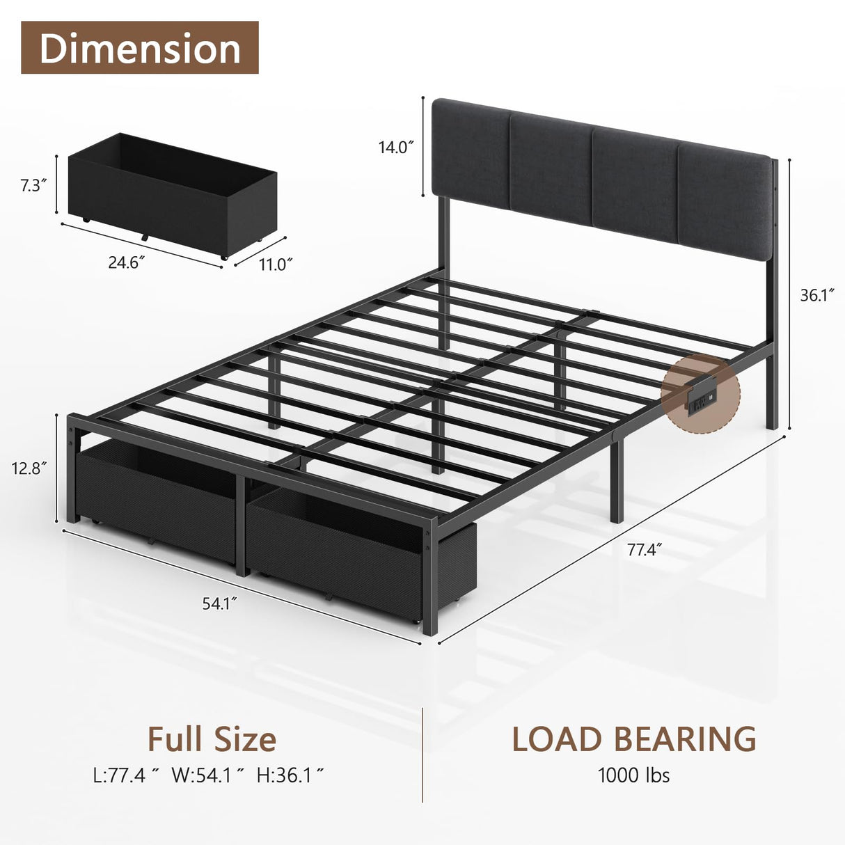 Furnulem Full Size Bed Frame with Headboard,Upholstered Bed Full with LED Light,USB Charging Station,Platform Bedframe with 2 Fabric Underbed Storage Drawers,No Spring Box Needed Furnulem