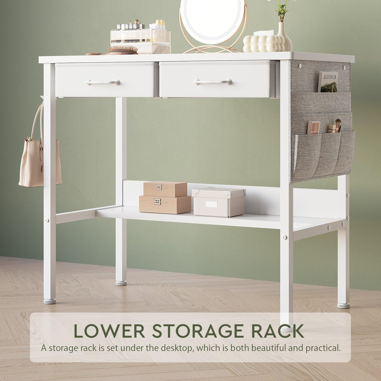 Maihail Small Vanity Desk no Mirror, Small Makeup Vanity, Compact Vanity with Storage, Vanity Desk with Drawers, Mini Vanity with Shelves, White Maihail