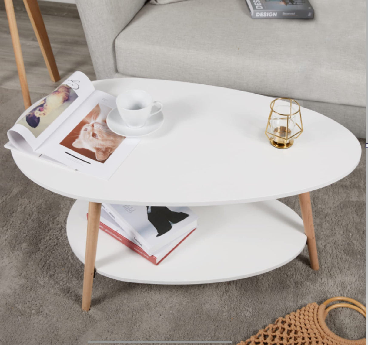 Maupvit Coffee Table-Oval Wood Table with Open Shelving for Storage and Display 2 Tier Sofa Table, Small Modern Furniture Living Room&Home Office-White Maupvit