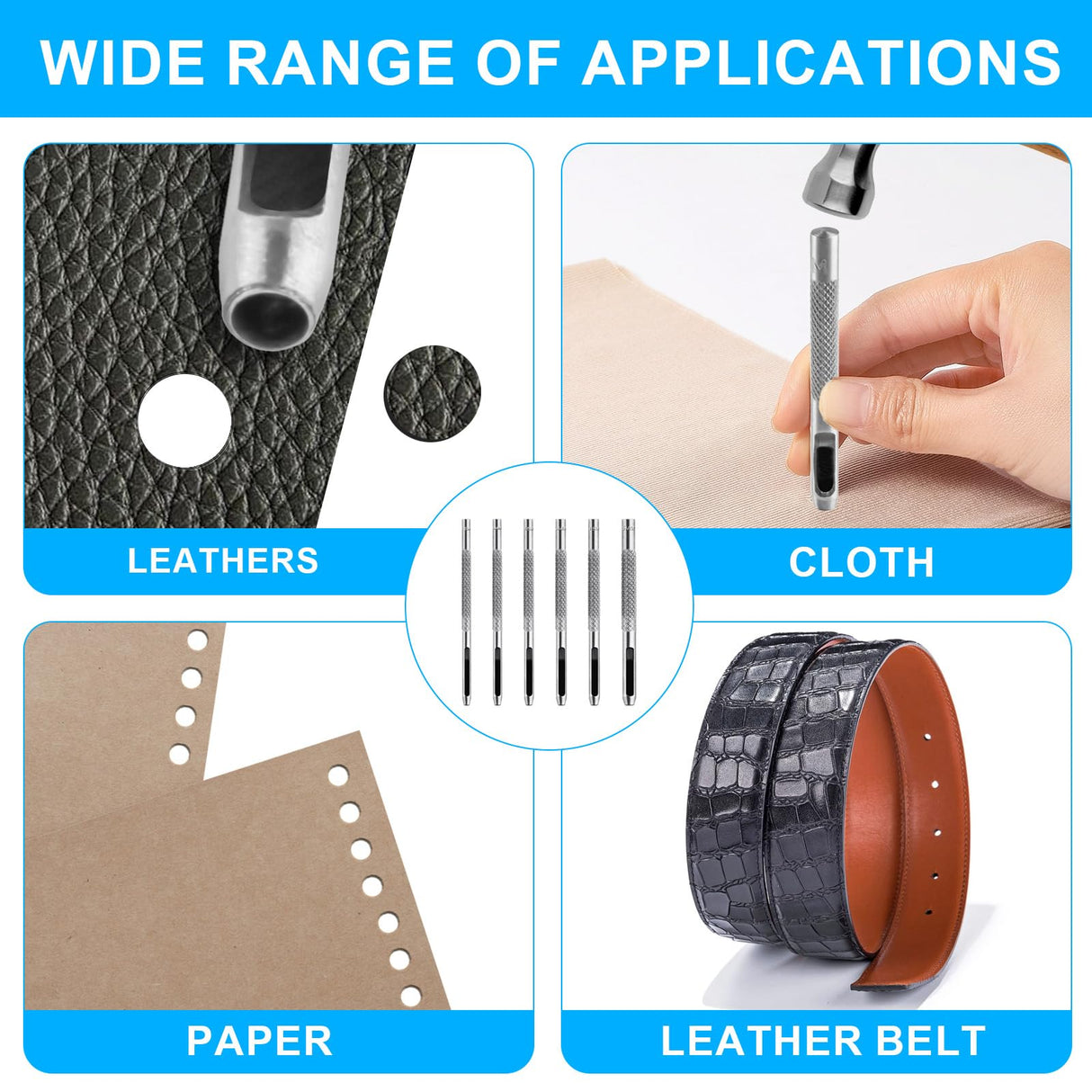 9 Pcs Leather Hole Punch Tool, Hollow Punch Set for Leather Stitching Punch Tool, Leather Belt Hole Punch Tool for Leather Watch Bands Gasket Belt Canvas Paper Rubber, with 1 x PVC Board HexinYigjly