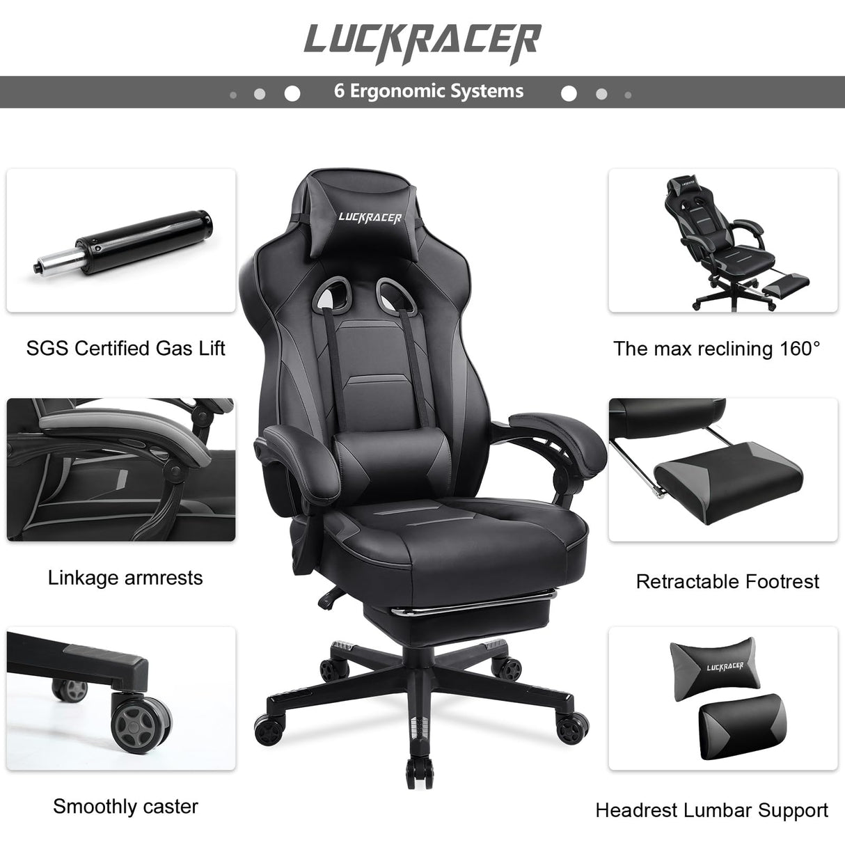 LUCKRACER Gaming Chair, Video Game Chairs Gaming Computer Chair with Footrest 350Lb Heavy Duty Gaming Chair Ergonomic Office Chair Lumbar Support for Adults, High Back, Swivel Seat, Recliner(Grey) LUCKRACER
