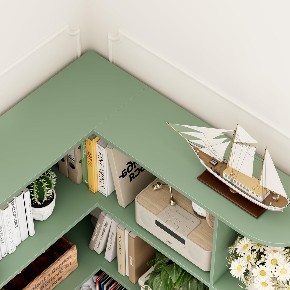FOTOSOK 74” Tall Corner Bookshelf, 6-Tier Bookshelf and Bookcase with Open Storage, Tall Bookcases Wooden Storage Shelves for Home Office, Thickened Boards for Better Load Bearing, Green FOTOSOK