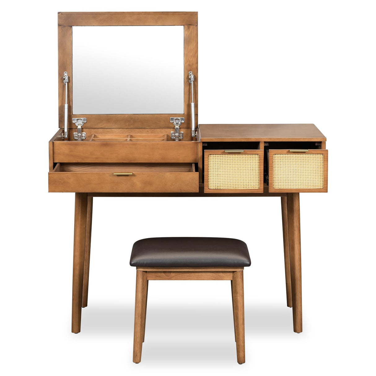 HMYFGD 43" Wood Makeup Vanity Desk with Flip-top Mirror and 3 Drawers, Vanity Dressing Table Set with Storage Space and Cushioned Stool, Vanity Makeup Desk Set for Bedroom (Brown, 43.3 inch) HMYFGD