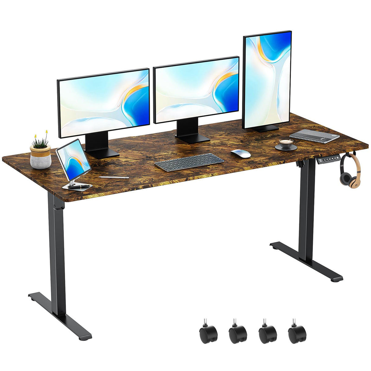 VVENACE 63 Inch Electric Standing Desk Adjustable Height with Wheels,Sit Stand Up Desk,Home Office Desk,Computer Workstation Desk,Gaming Desk,Rolling Desk,Work Desk (Spliced Desktop,Rustic Brown) VVENACE