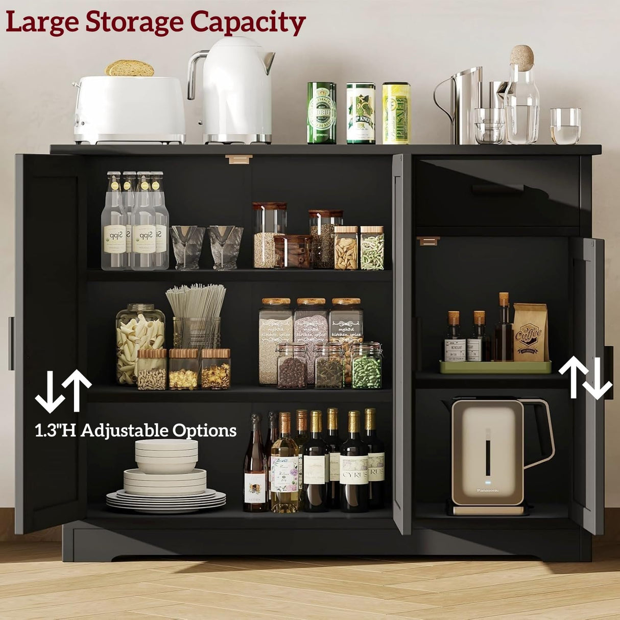 Irontar Kitchen Storage Cabinet, Sideboard Buffet Cabinet with Rattan Doors, Farmhouse Console Table with Drawer, Coffee Bar, Accent Table for Kitchen, Living Room, Hallway, Black and Natural CWG010BM Irontar