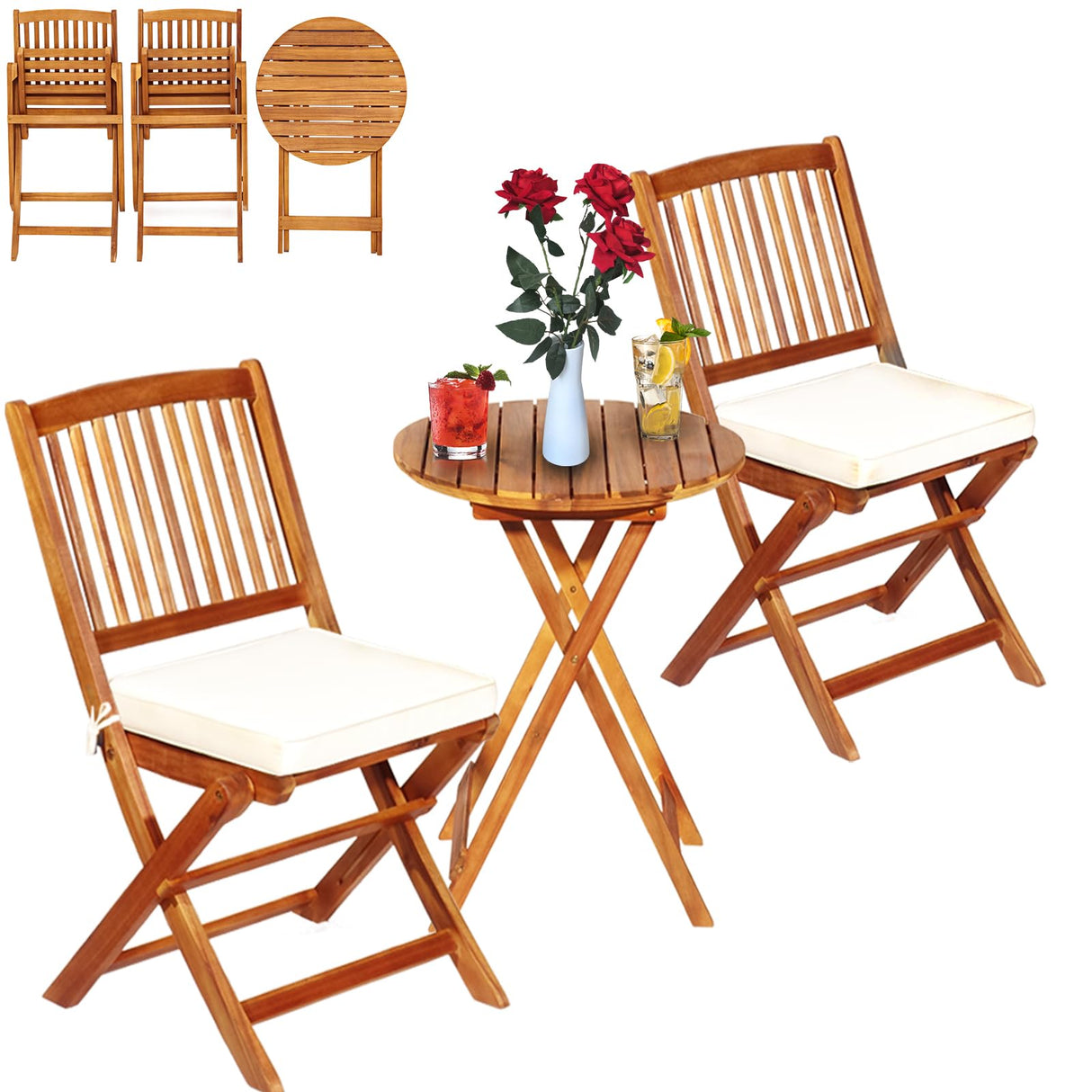S AFSTAR Bistro Table and Chairs Set of 2, Acacia Wood Folding Bistro Set for 2 with Detachable Soft Cushions, 3 Piece Outdoor Bistro Set for Patio, Balcony, Pool, Garden & Yard (Natural Color) S AFSTAR