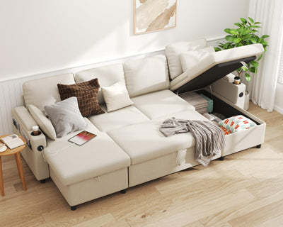 DURASPACE Sofa Bed Pull Out Couch Sleeper with Double Storage Chaise, U Shaped Convertible Sectional Sleeper Sofa for Living Room with USB Charging Ports, Cup Holder (Beige)