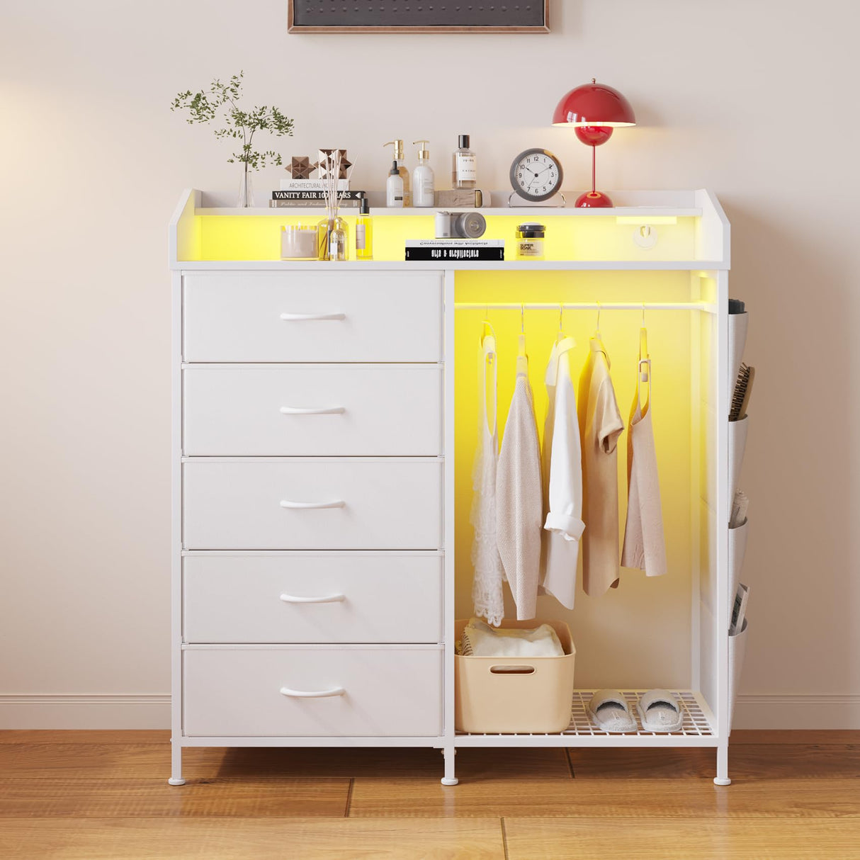 LUMTOK Modern 5 Dresser with LED Hanging Rack, Dresser with Clothes Rack, Hanger Rack, and Storage Drawers, Drawer Dressers with Coat Racks for Bedroom Living Room, Entryway, Closets (White) LUMTOK
