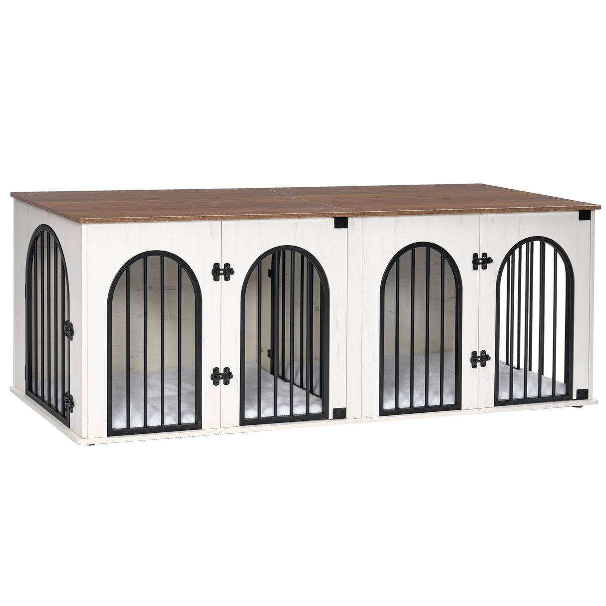 Hzuaneri Dog Crate Furniture, 71" Heavy Duty Dog Kennels with Divider, Pads, Side Table, TV Cabinet, Wooden Dog Crate Furniture for 2 Dogs, Small/Medium/Large Dog, Anti-Chew, White Brown Hzuaneri
