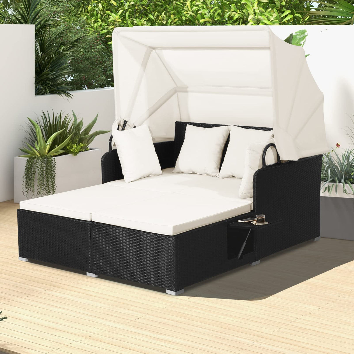 Tangkula Patio Rattan Daybed, Patiojoy Wicker Daybed Lounger w/Retractable Canopy, 2 Foldable Side Panels, Thick Seat & Back Cushions, for Garden, Backyard, Porch (Off White) Tangkula