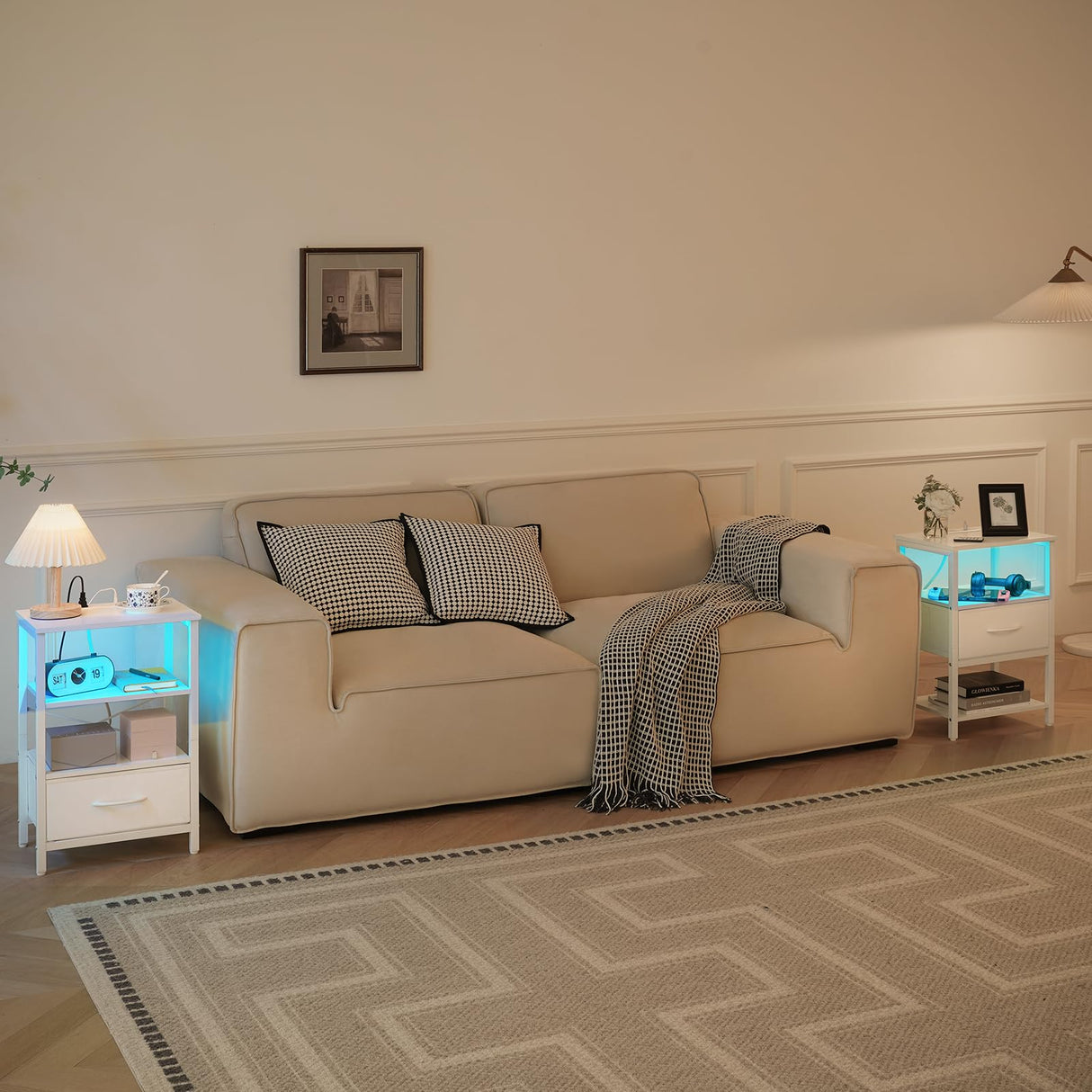 Yoobure White Night Stand with Charging Station, LED Nightstand for Bedroom, Bedside Tables with Adjustable Fabric Drawer, 3-Tier End Table Living Room, Small Side Table with Storage Yoobure