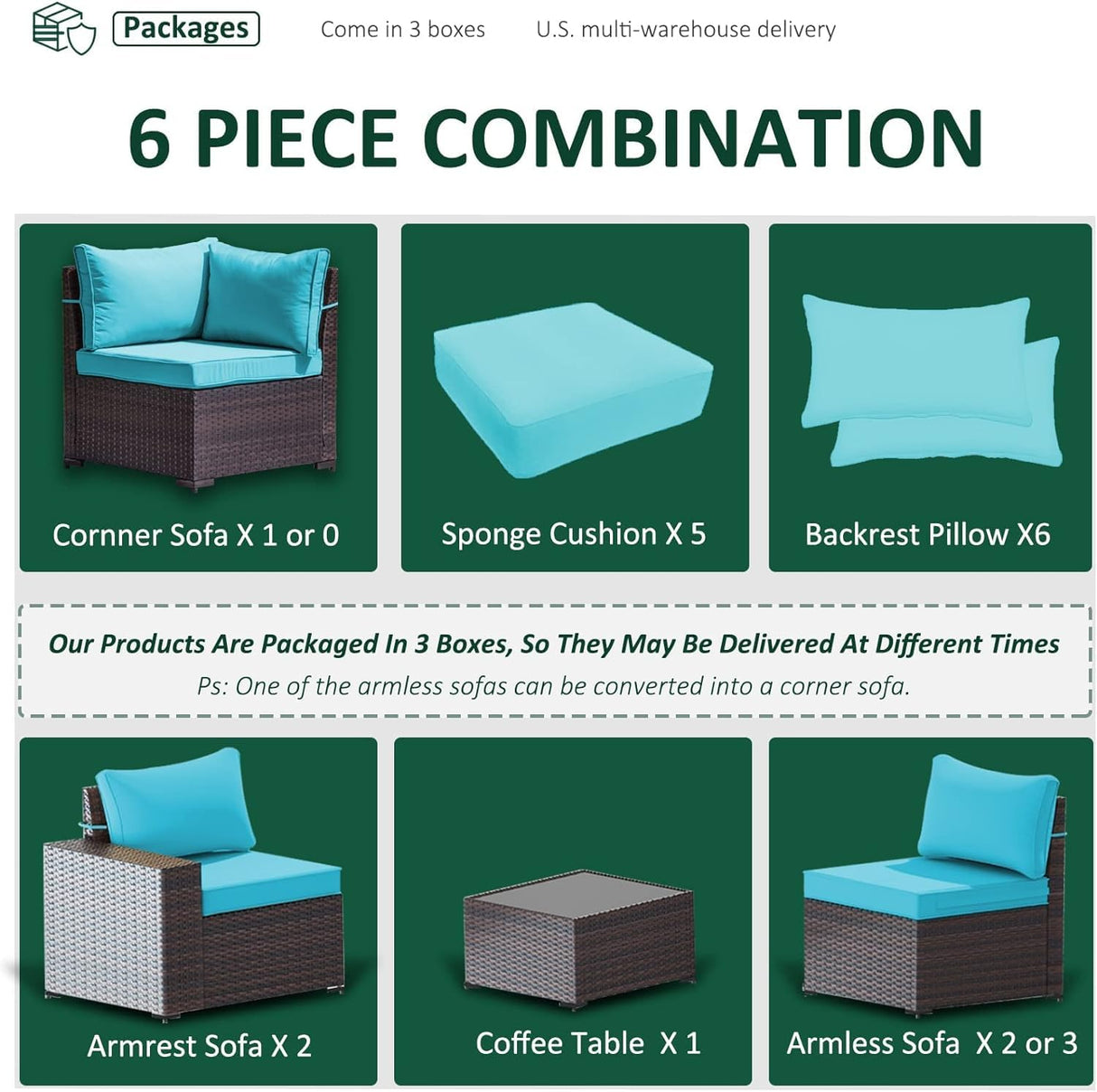 RTDTD Outdoor Patio Furniture Set, 6 Pieces Outdoor Furniture All Weather Patio Sectional Sofas PE Wicker Modular Conversation Sets with Coffee Table,5 Chairs & Seat Clips Turquoise Blue. RTDTD