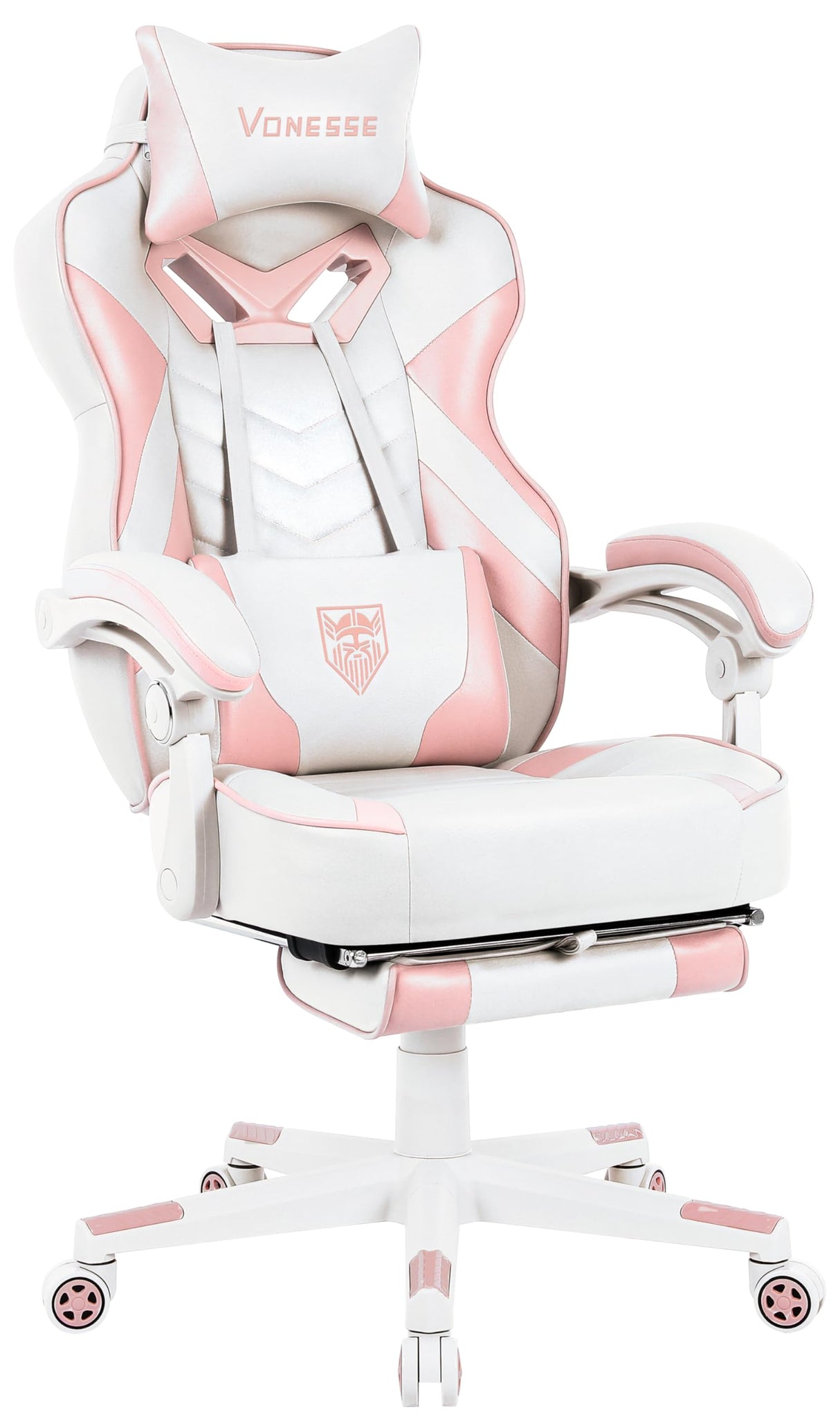 Vonesse Pink Gaming Chair for Adults,Girls Computer Chair with High Back,Big and Tall Gaming Chairs with Footrest and Massage,Reclining Gamer Chair(White/Pink) Vonesse
