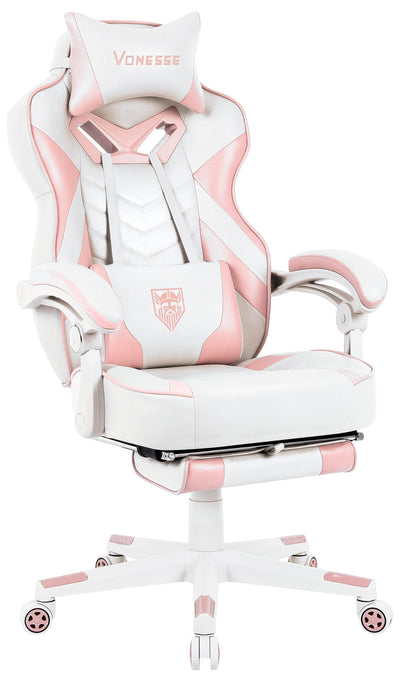 Vonesse Pink Gaming Chair for Adults,Girls Computer Chair with High Back,Big and Tall Gaming Chairs with Footrest and Massage,Reclining Gamer Chair(White/Pink)