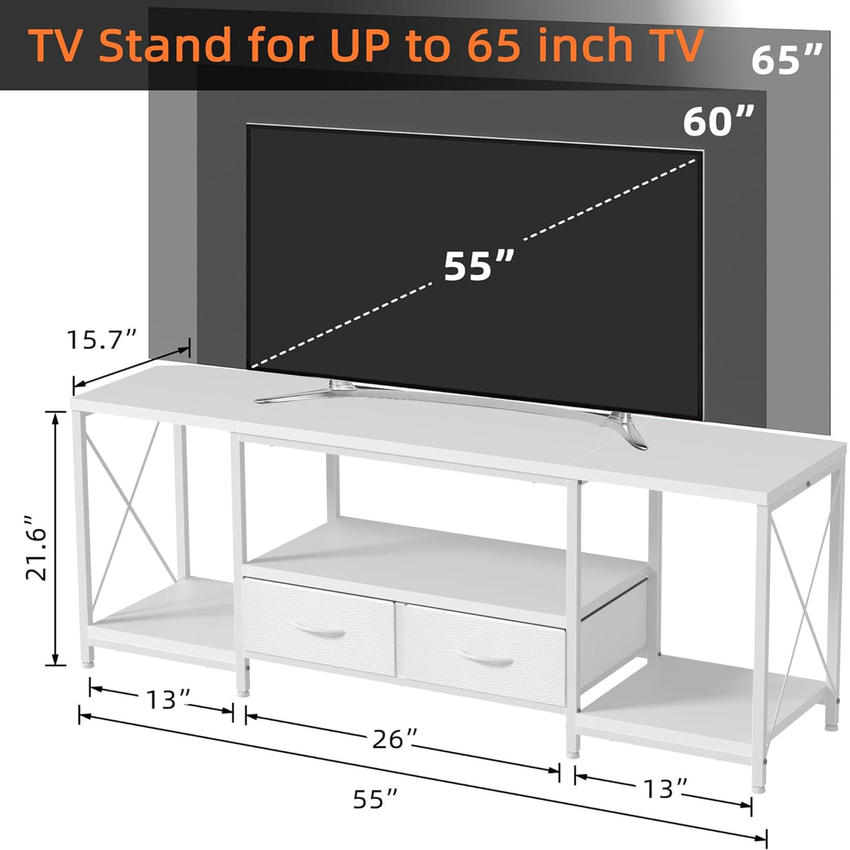 GYIIYUO TV Stand with Fabric Drawers for 55 60 65 Inches TV - Entertainment Center and Industrial TV Console Table with Open Storage Shelves for Living Room, Bedroom - 55.1" White GYIIYUO