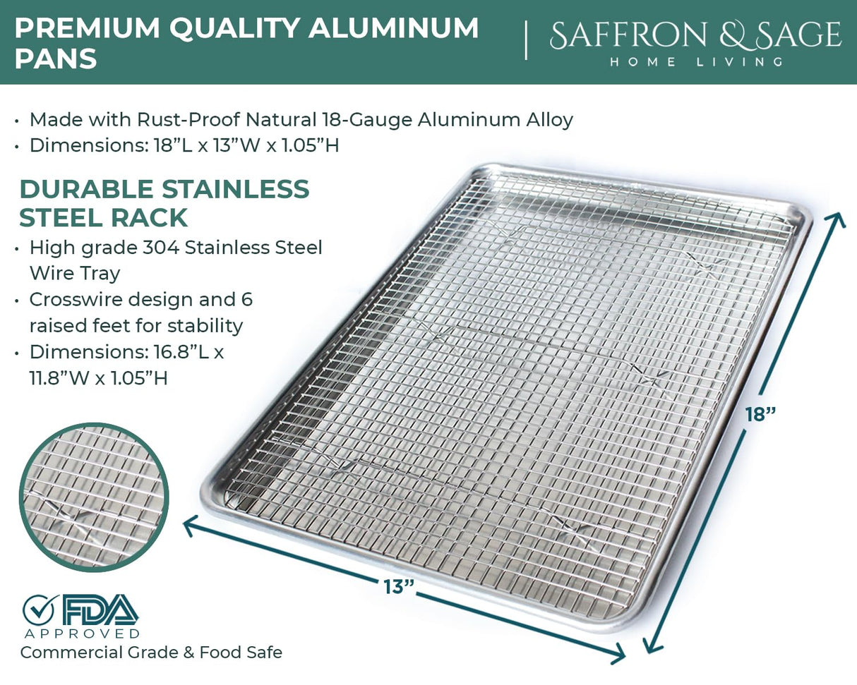 Commercial Quality Cookie Sheet and Rack - Aluminum Half Sheet Baking Pan and Stainless Steel Cooling Rack Set 13x18 Rust & Warp Resistant, Heavy Duty Saffron & Sage Home Living