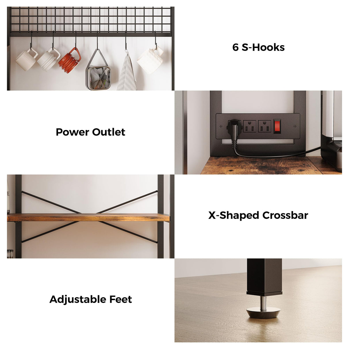 IRONCK Bakers Rack with Power Outlet, 5-Tier Corner Microwave Stand with Storage, Coffee Bar with 6 S-Shaped Hooks, Kitchen Shelves with Wire Basket IRONCK