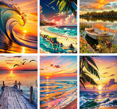 MXCFZX Sunset Beach Paint by Numbers kit for Adults,Beginner on Advanced Canvas Adult Paint by Number Kits ,Easy Landscape Painting by Numbers,Acrylic Paint Boat On Lake Crafts for Home Decor 8x12in