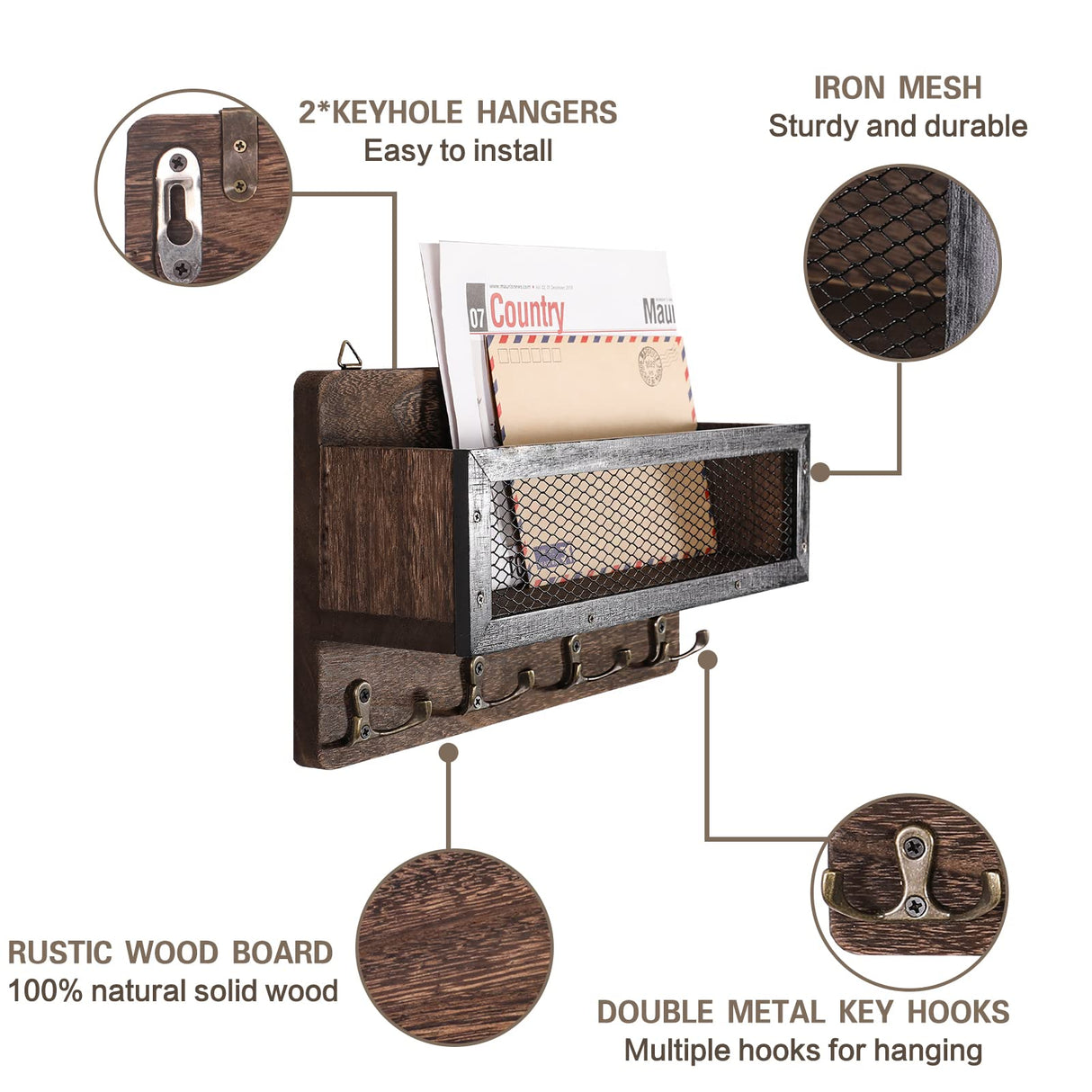 ADIIL Mail and Key Holder for Wall Decorative, Wooden Wall Key Rack Organizer with 4 Double Key Hooks, Wall Mount Key Hanger for Wall with Shelf, Rustic Home Decor for Entryway Hallway, Brown ADIIL
