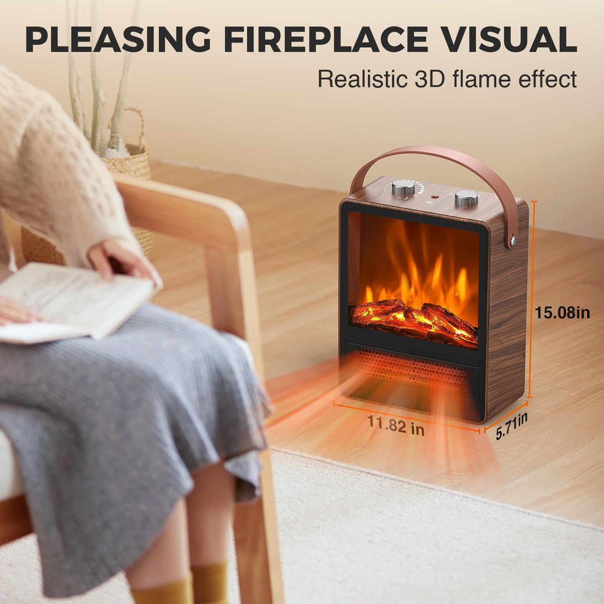Riseon Electric Fireplace Heater for Indoor Use, 1500W/750W Space Heater Fireplace with 3D LED Flame, Double Safety Protection, Portable Fireplace Heater for Home Office Christmas Decoration,Walut Riseon