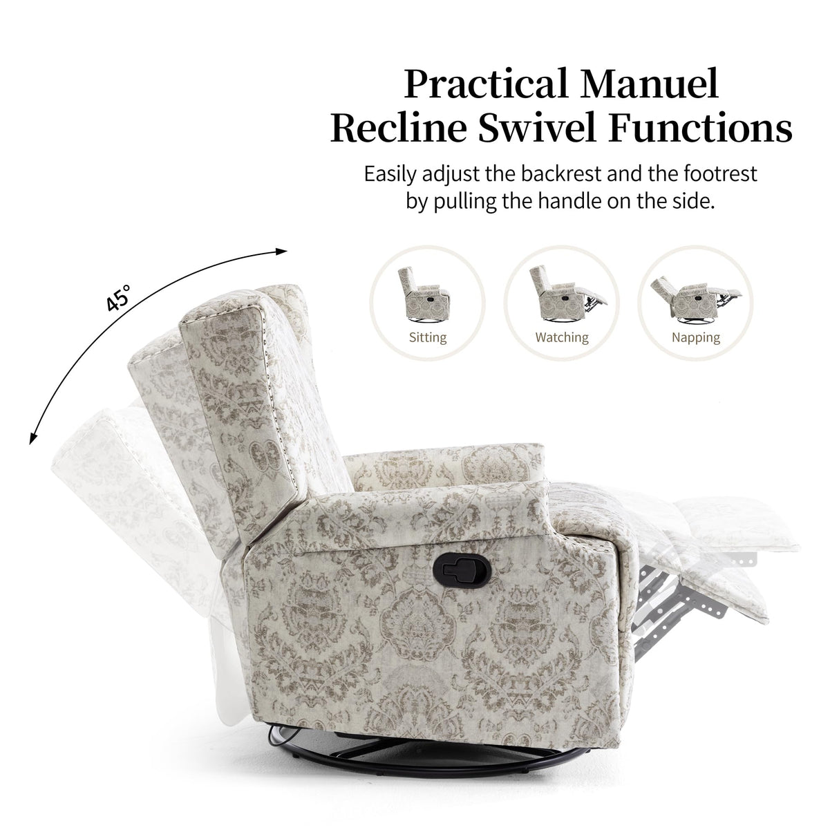 DREAMSIDEA Swivel Rocker Recliner Chair, Manual Nursery Glider Recliner, Floral Fabric Wingback Accent Chair with Adjustable Backrest & Footrest for Small Spaces Living Room Bedroom (Beige, Set of 1) DREAMSIDEA