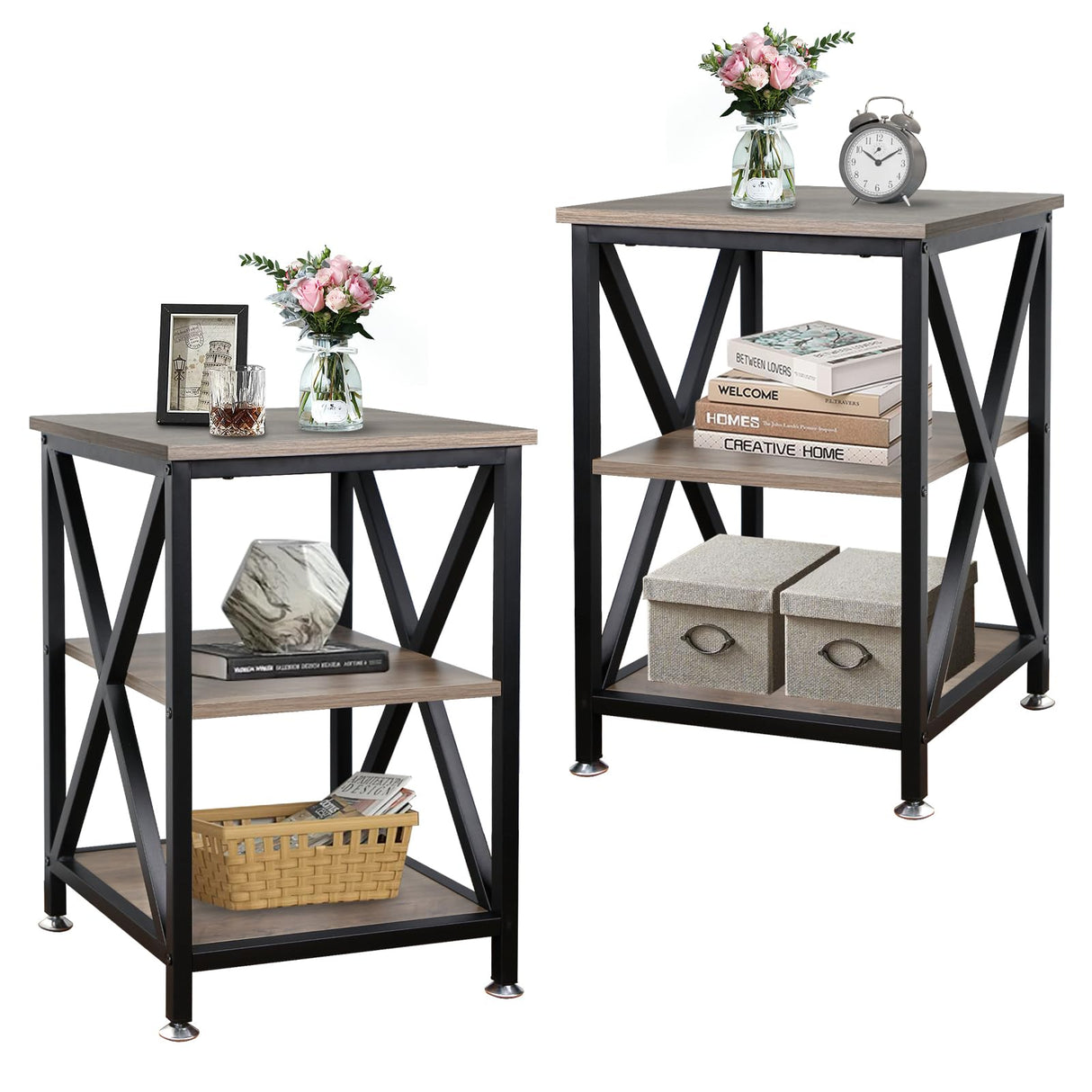 End Tables Living Room Set of 2, 16" D x 16" W x 24" H, Indoor Side Tables Living Room with Storage Shelf, Square End Table Set of 2, X-Shaped Night Stands for Bedroom, Farmhouse Wood End Tables, Grey TooCust