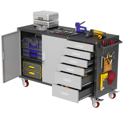 Eltean 55" W Rolling Workbench with 6 Drawers and Storage Cabinet,1000 LB Capacity Heavy Duty Work Bench with Pegboard and Adjustable Shelf,Garage Workbench with Wheels for Repair Shop/Workshop