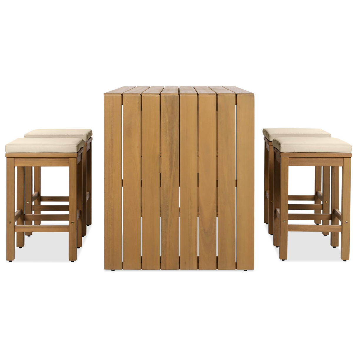 VilroCaz 5-Pieces Outdoor Patio Counter Height Dining Set, All-Weather Acacia Wood Bar Set with 4 Stools and Cushions for Backyard, Poolside, Balcony VilroCaz