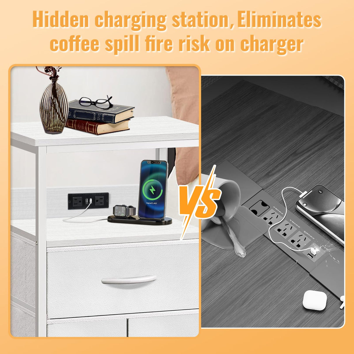 BEHEY Night Stand, Bedside Table, Adjustable Leveling Dorm Nightstand with 3 Drawers Storage, End Table with Corner Protectors, Nightstand with Charging Station, 3-Tiers,White, 15.75 Inch BEHEY