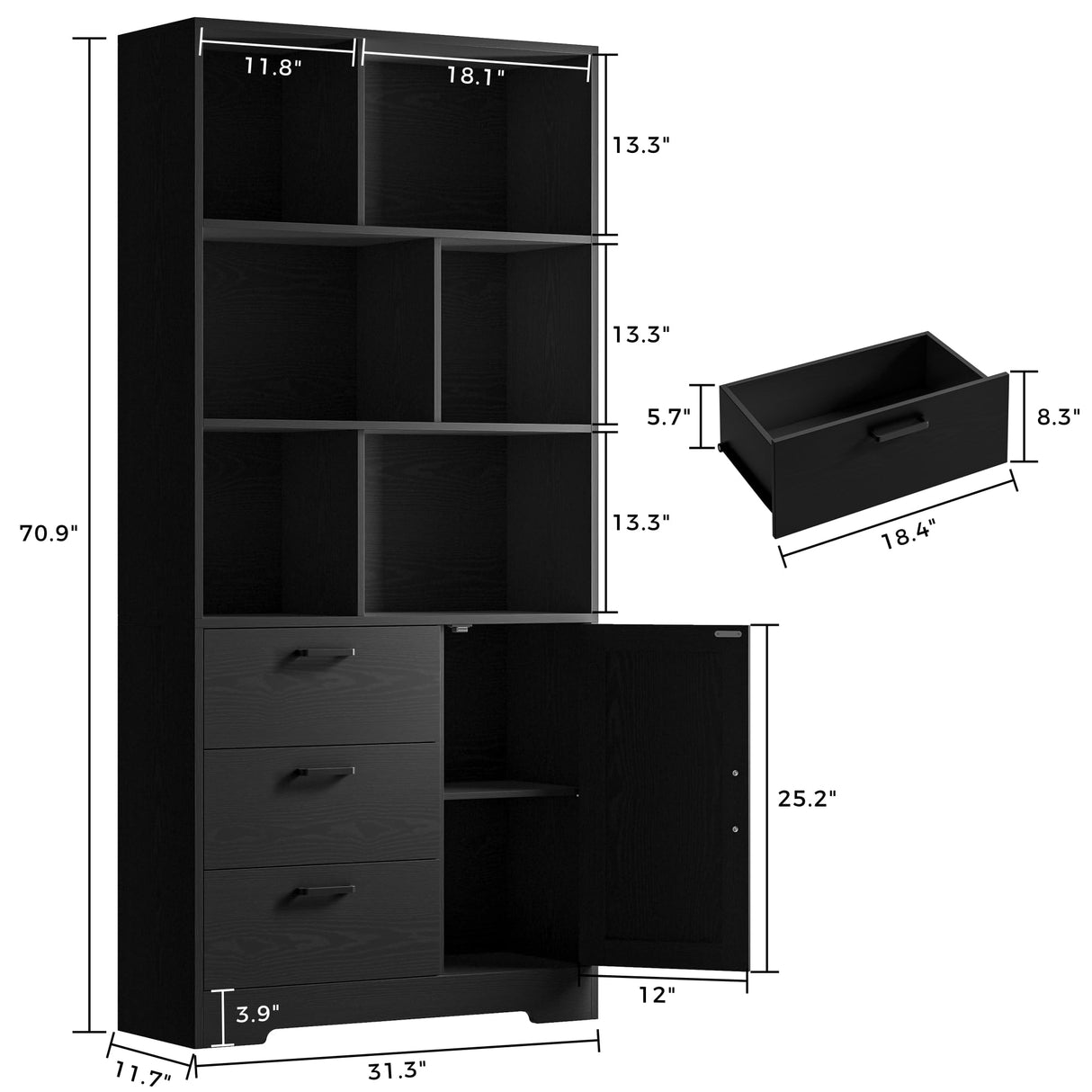 IRONCK Bookshelf with Drawers, 70.9 inch Tall Bookcase with Doors, Bookshelves and Bookcases with Storage, Bookshelf with 6 Open Cubes for Home Office, Living Room, Study, Black IRONCK