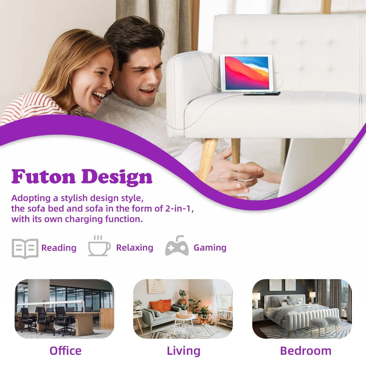 TYBOATLE Modern Faux Leather Upholstered Convertible USB Folding Futon Sofa Bed, 65" Couch, Love Seats Furniture for Small Space Configuration, Apartment, Dorm, Living Room, Office (White) TYBOATLE