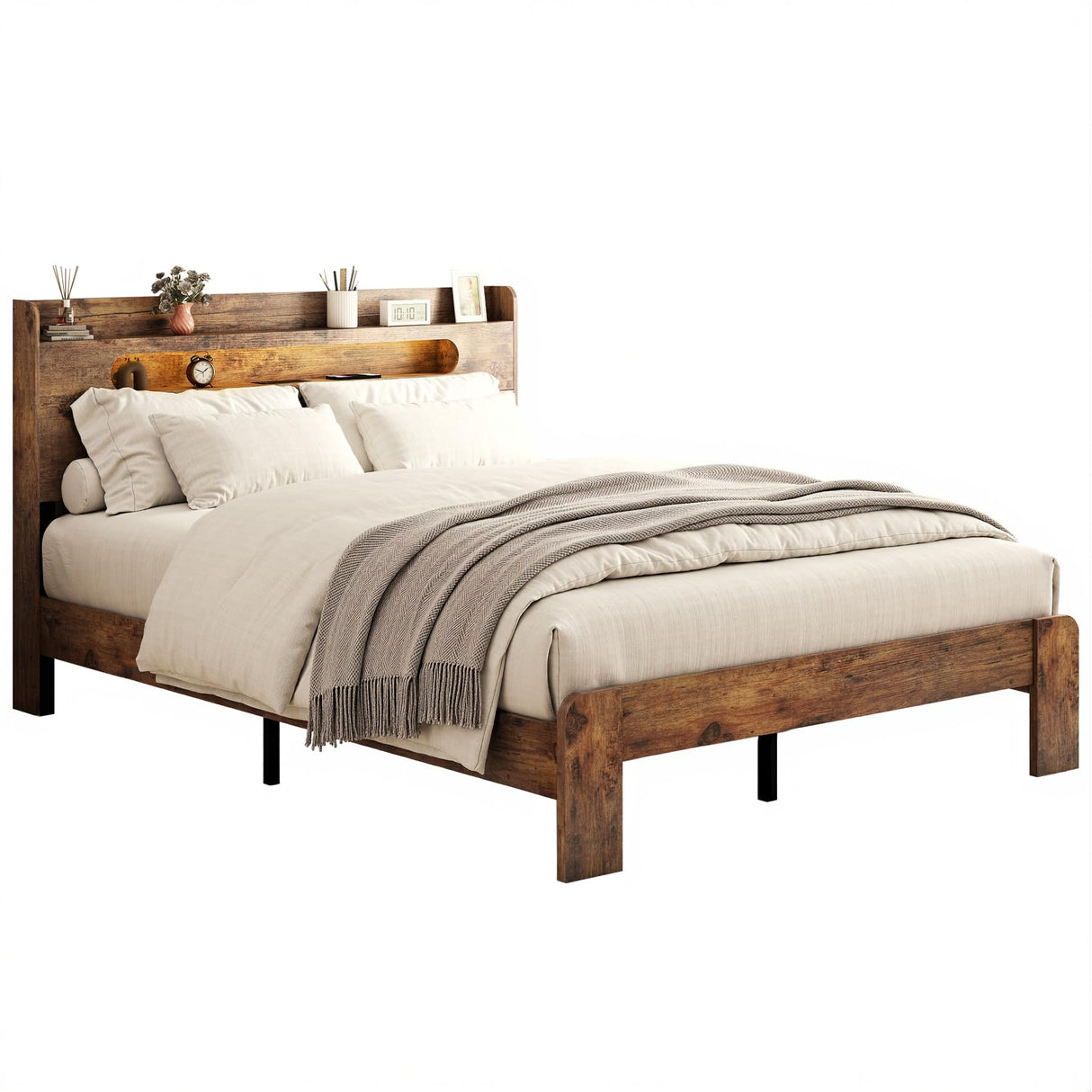 ivoros Wooden Queen Size Bed Frame with Storage Headboard, Rustic Farmhouse Platform Bed Frame Queen with Charging Station & LED Lights, 12 Wood Slats Support, No Box Spring Needed,Dark Brown ivoros