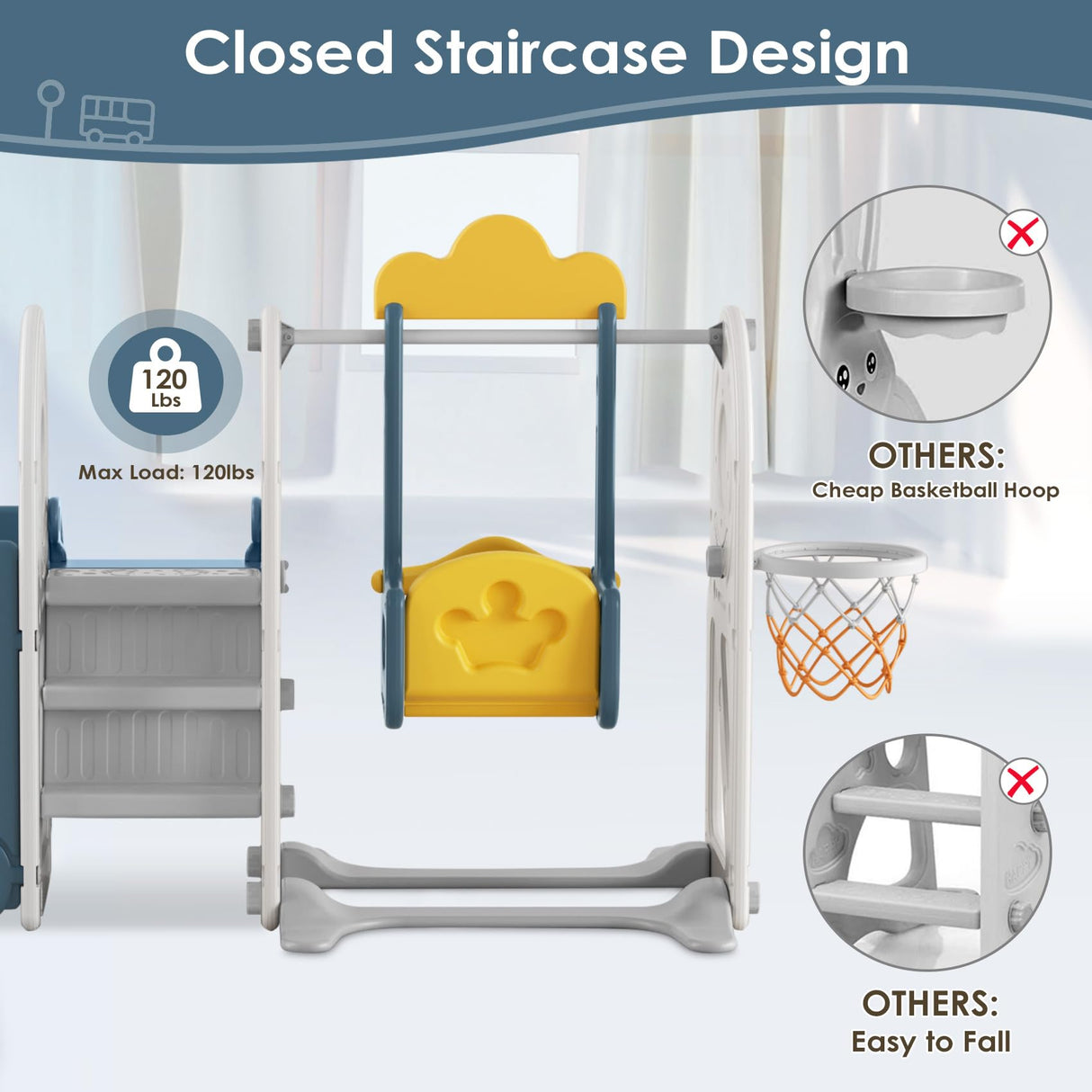 BIERUM Toddler Slide for Toddlers Age 1-3 with Basketball Hoop and Swing, Baby Slide for Kids Ideal Gift, Indoor Outdoor Backyard Playground Blue Yellow BIERUM