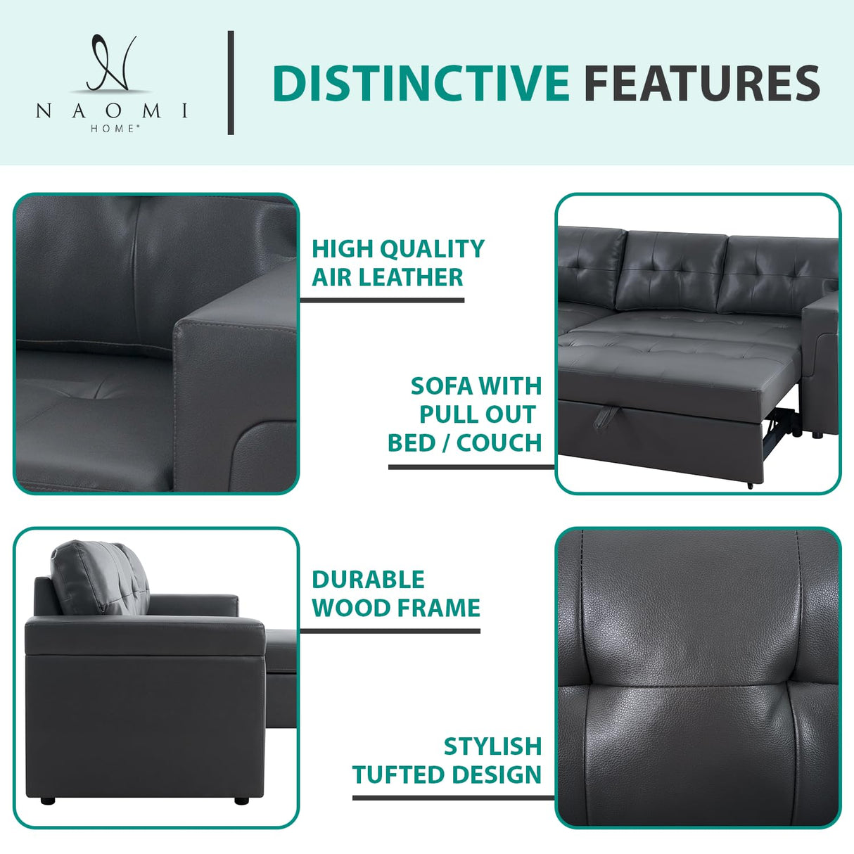 Naomi Home Jenny Sectional Sofa Sleeper with Storage Chaise, Tufted Pull Out Couch with Storage, Sectional Sofa Bed, L-Shaped Reversible Sleeper Sofa with Storage, Dark Gray,Air Leather Naomi Home