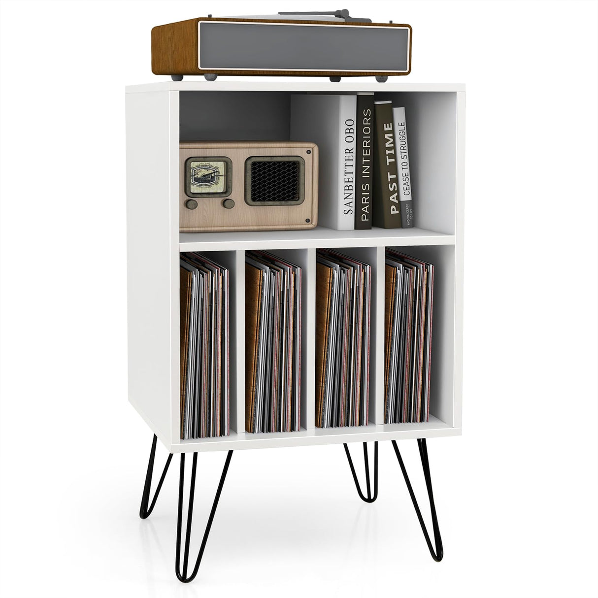 Giantex Record Player Stand, White Turntable Stand Holds up to 150 Albums, Mid-Century Vinyl Storage Cabinet Table with Metal Legs, Record Player Holder End Table for Bedroom Living Room Giantex