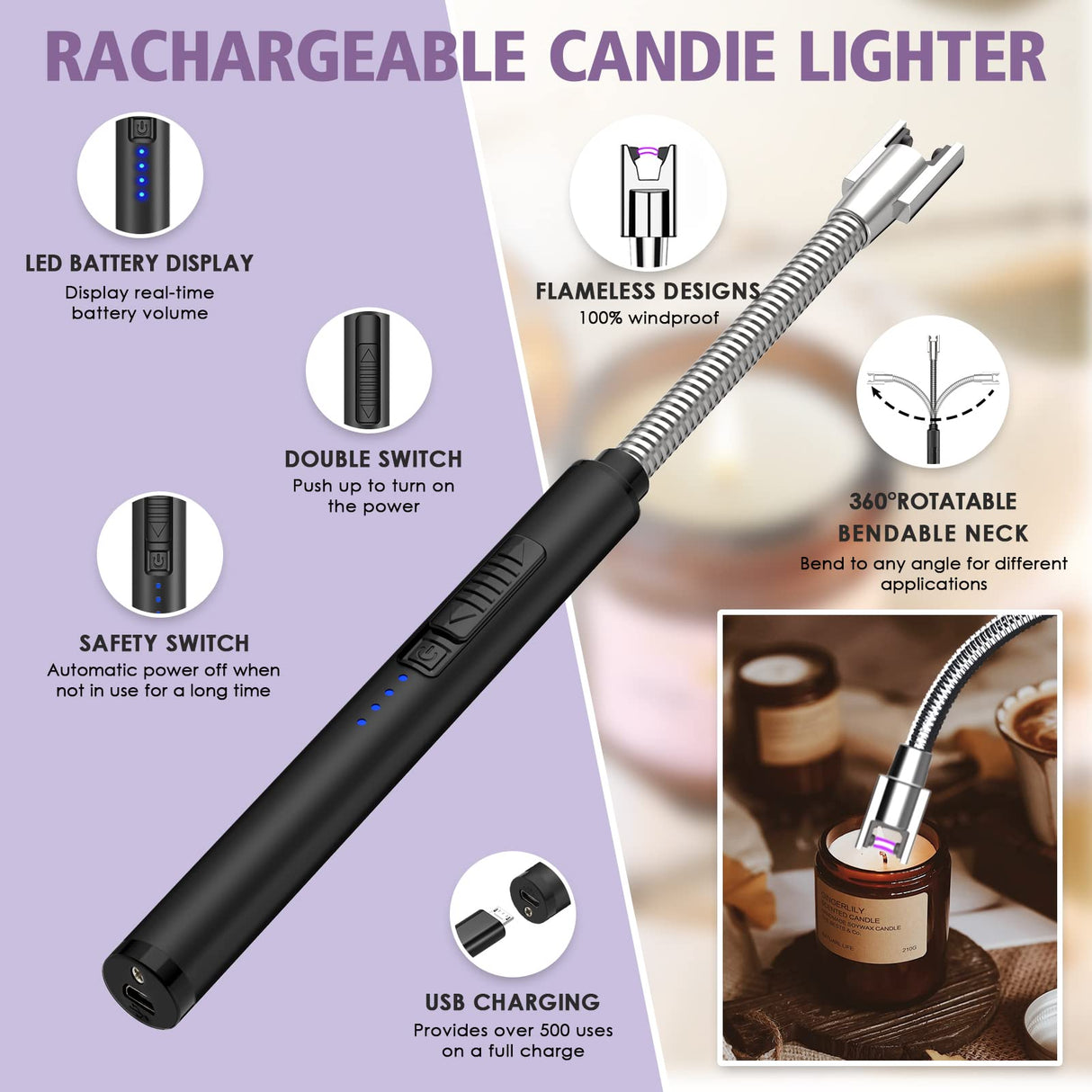 5 in 1 Candle Accessory Set,Candle Wick Trimmer Cutter,Candle Wick Dipper,Candle Wick Snuffer,Rechargeable Candle Lighter,Tweezers,Stainless Steel Candle Care Kit Home Gift for Aromatherapy(Black) HEYLOURB