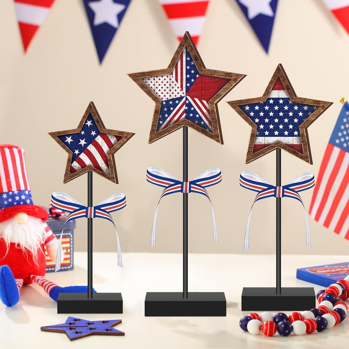 Yinkin 3 Pcs 4th of July Patriotic Table Decorations Rustic Standing Star Block Wooden Star Centerpieces for Tables Memorial Day Decorations Independence Day Tiered Tray Decor (American Flag Style) Yinkin