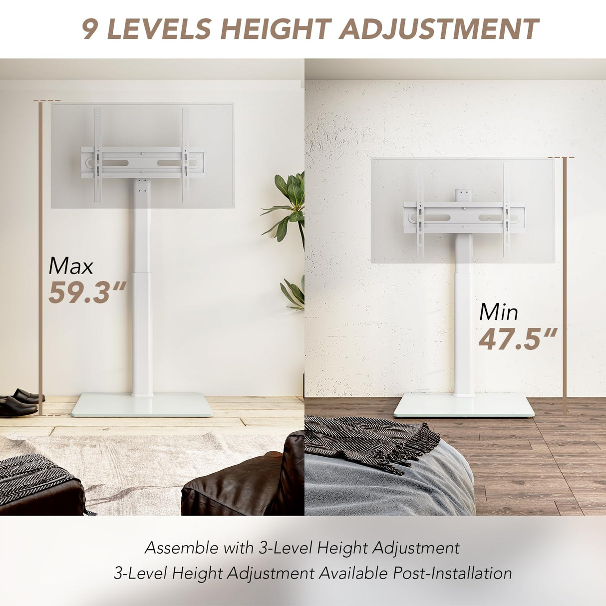 Universal Floor TV Stand with Mount 70 Degree Swivel 9 Level Height Adjustable and Space Saving Design for Most 27 to 65 inch LCD, LED OLED TVs, Perfect for Corner & Bedroom White AX1006TW AX WABER