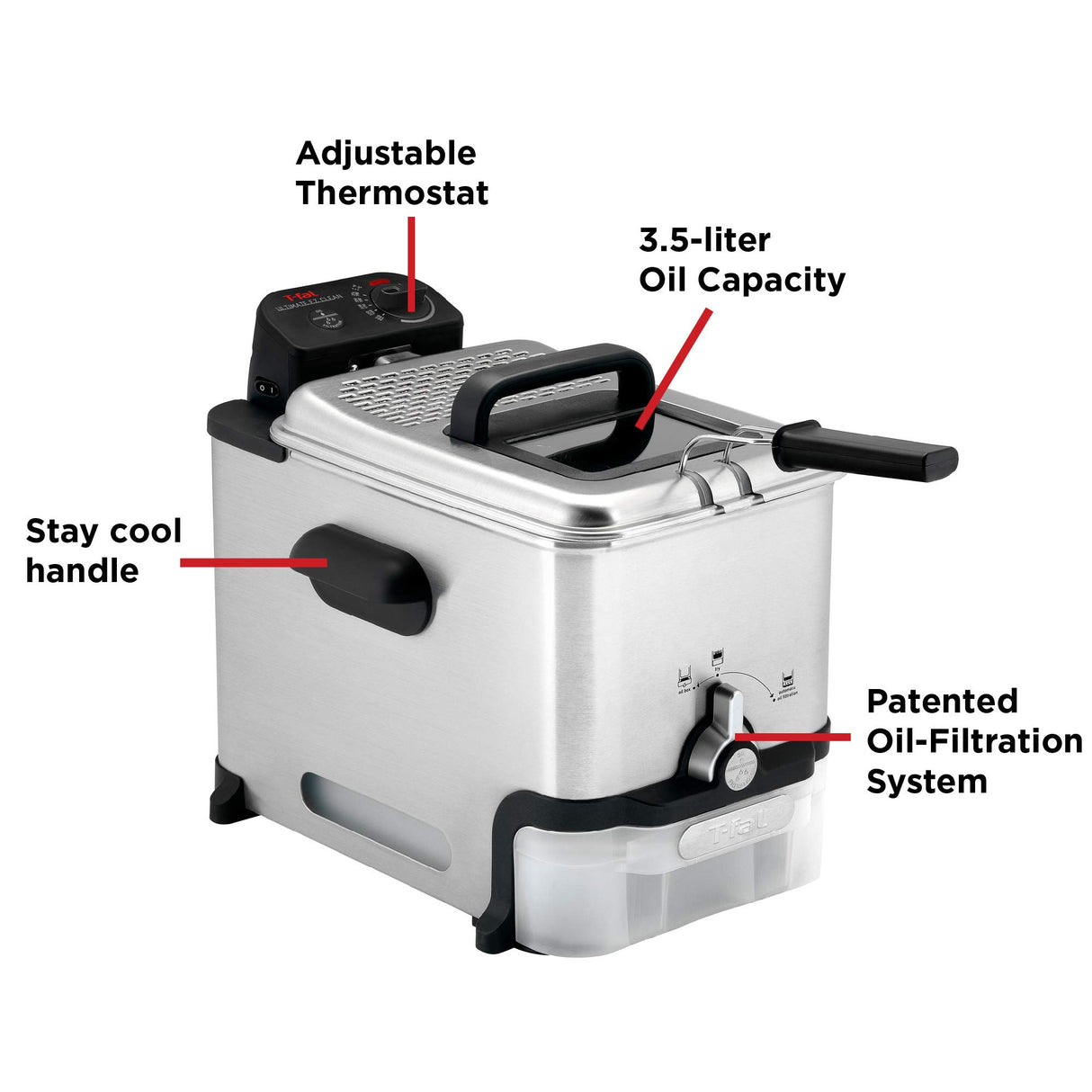 T-fal 3.5L Deep Fryer with Oil Filtration System: 1700W Stainless Steel Fryer, Dishwasher Safe Parts, Digital Timer, Adjustable Temperature Control for Perfect Golden Crispy Results T-Fal