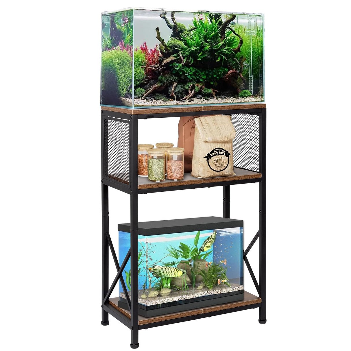 SwaaVee Aquarium Stand, 10 Gallon Fish Tank Stand with Storage, 3 Tier Metal Frame Cabinet Suitable for Fish Tank, Turtle Tank, Rustic Brown (10 Gallon) SwaaVee